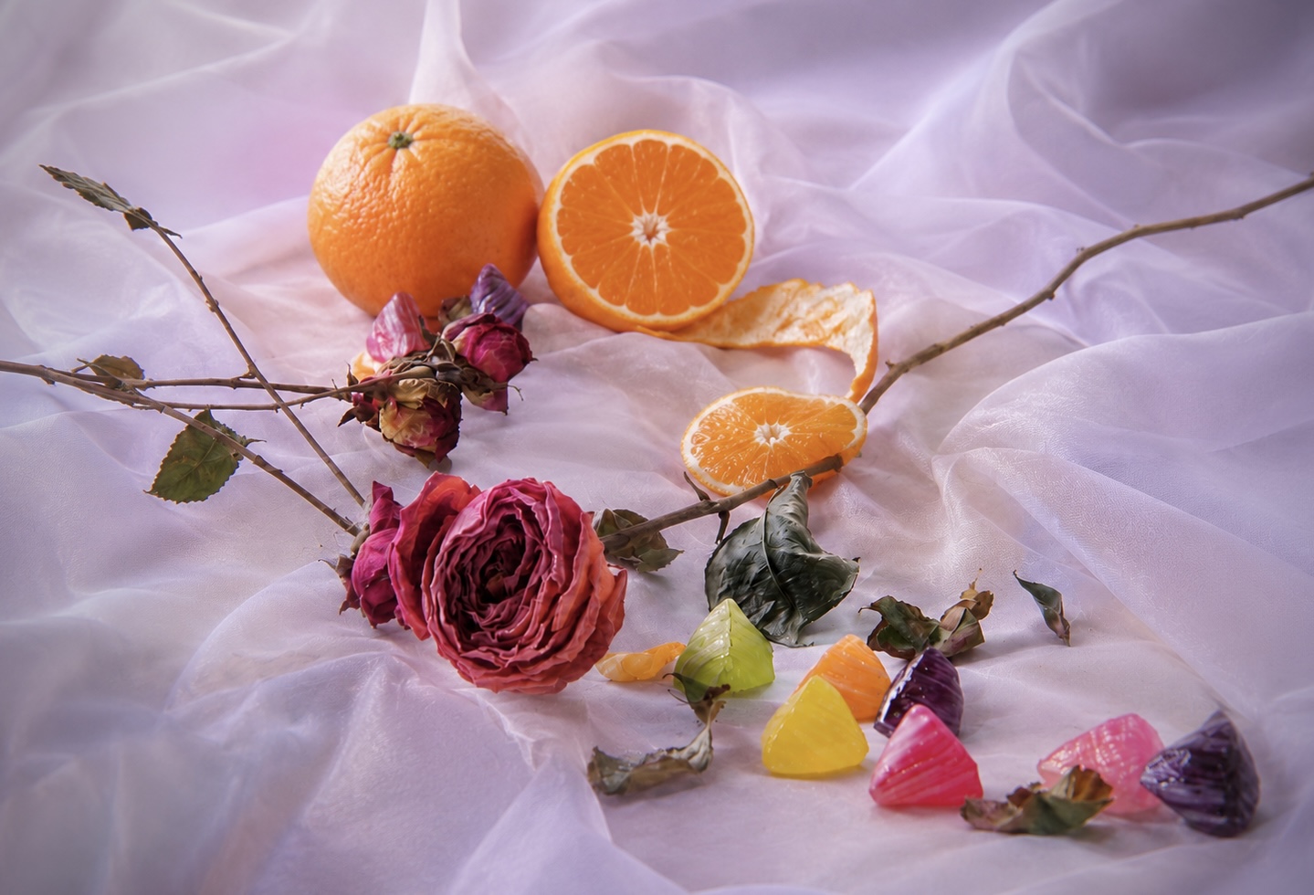 An Art and Design still-life composition combining oranges, dried roses, translucent coloured forms and lilac fabric.
