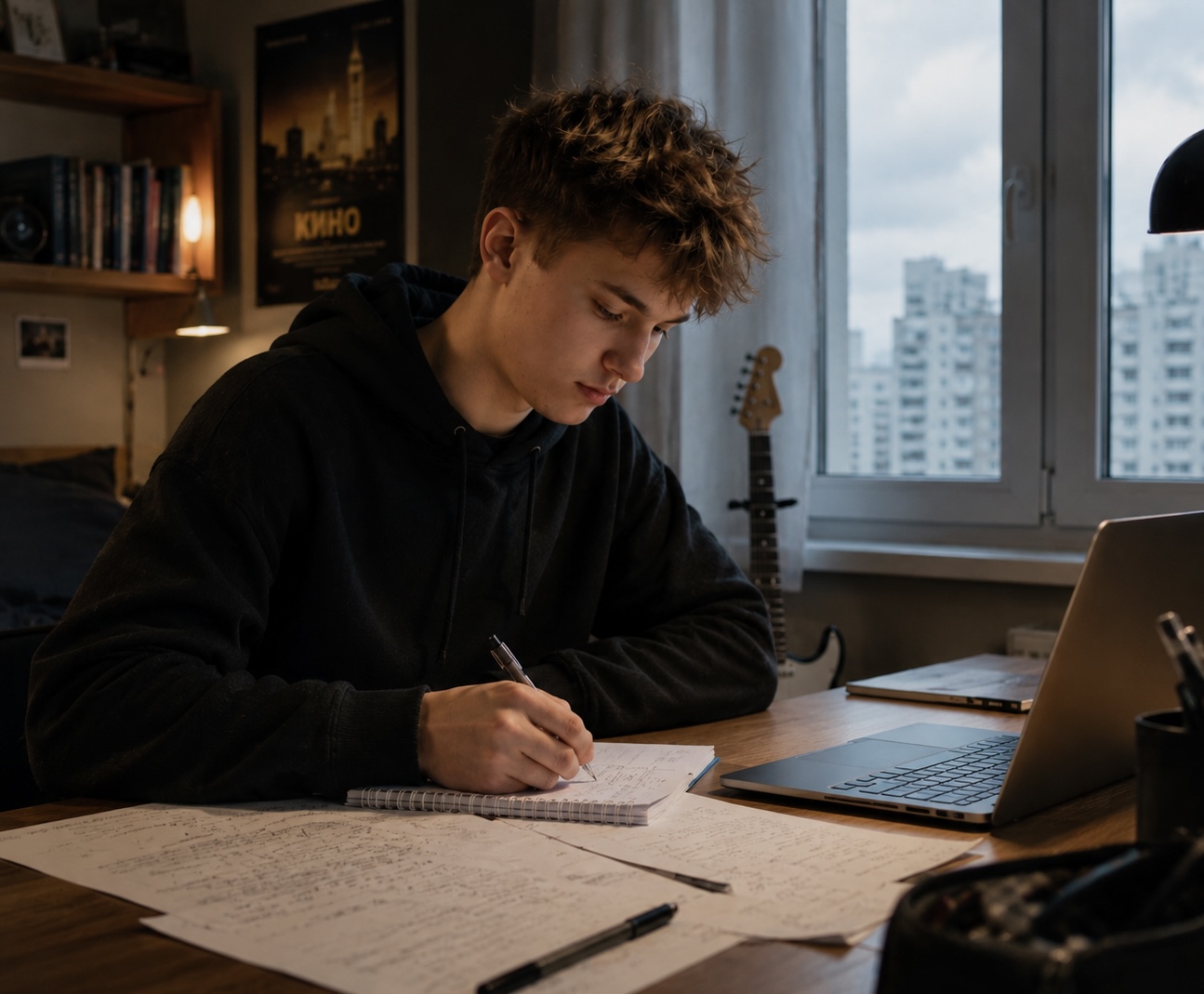 An older learner combining handwritten mathematics with guided digital study.