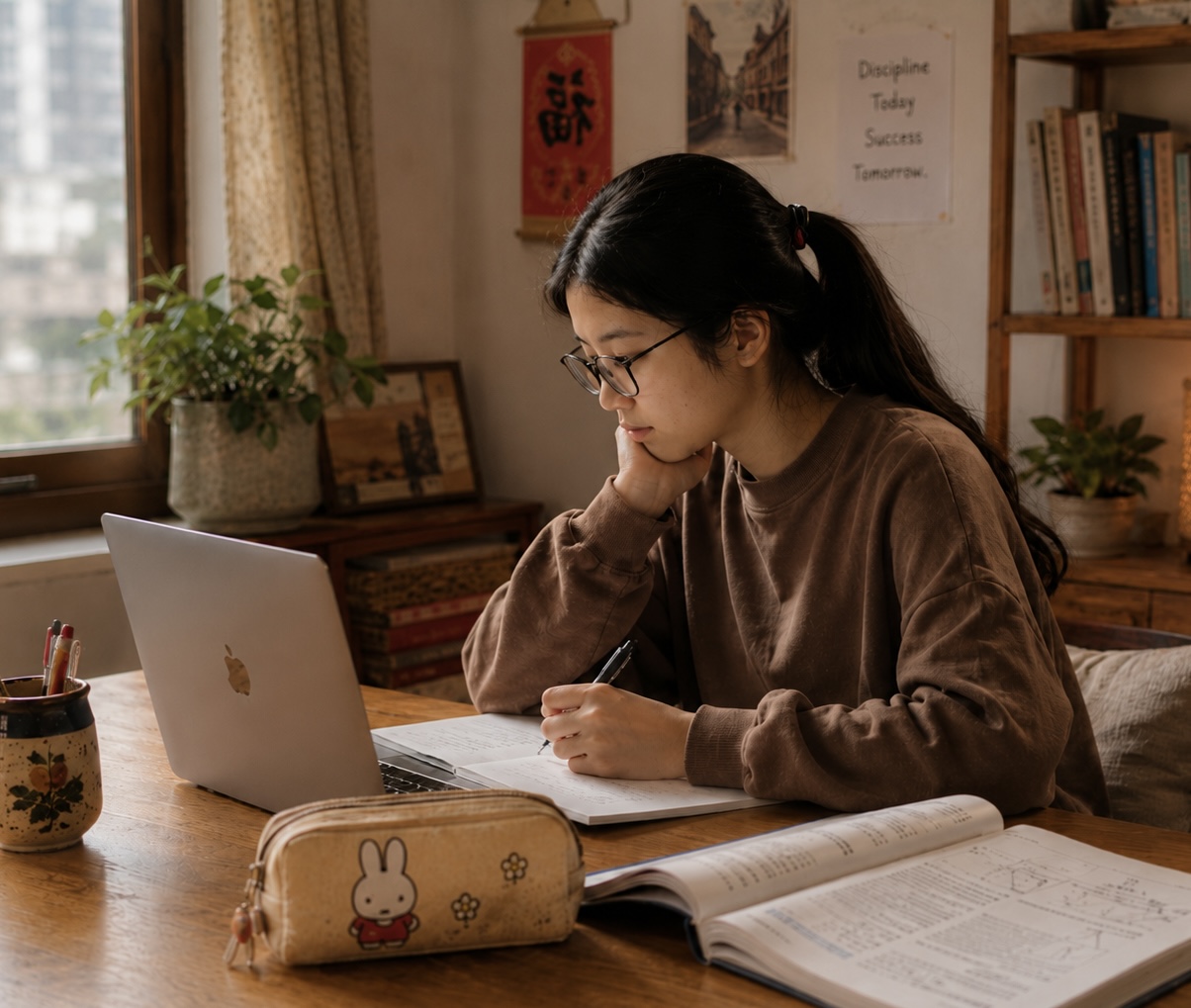 An older secondary learner studying independently with a laptop, textbook and handwritten notes.