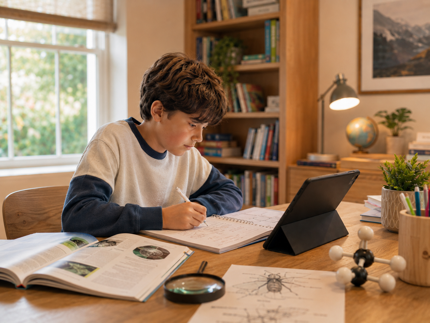 A young learner studying science independently with a tablet, books and handwritten notes.
