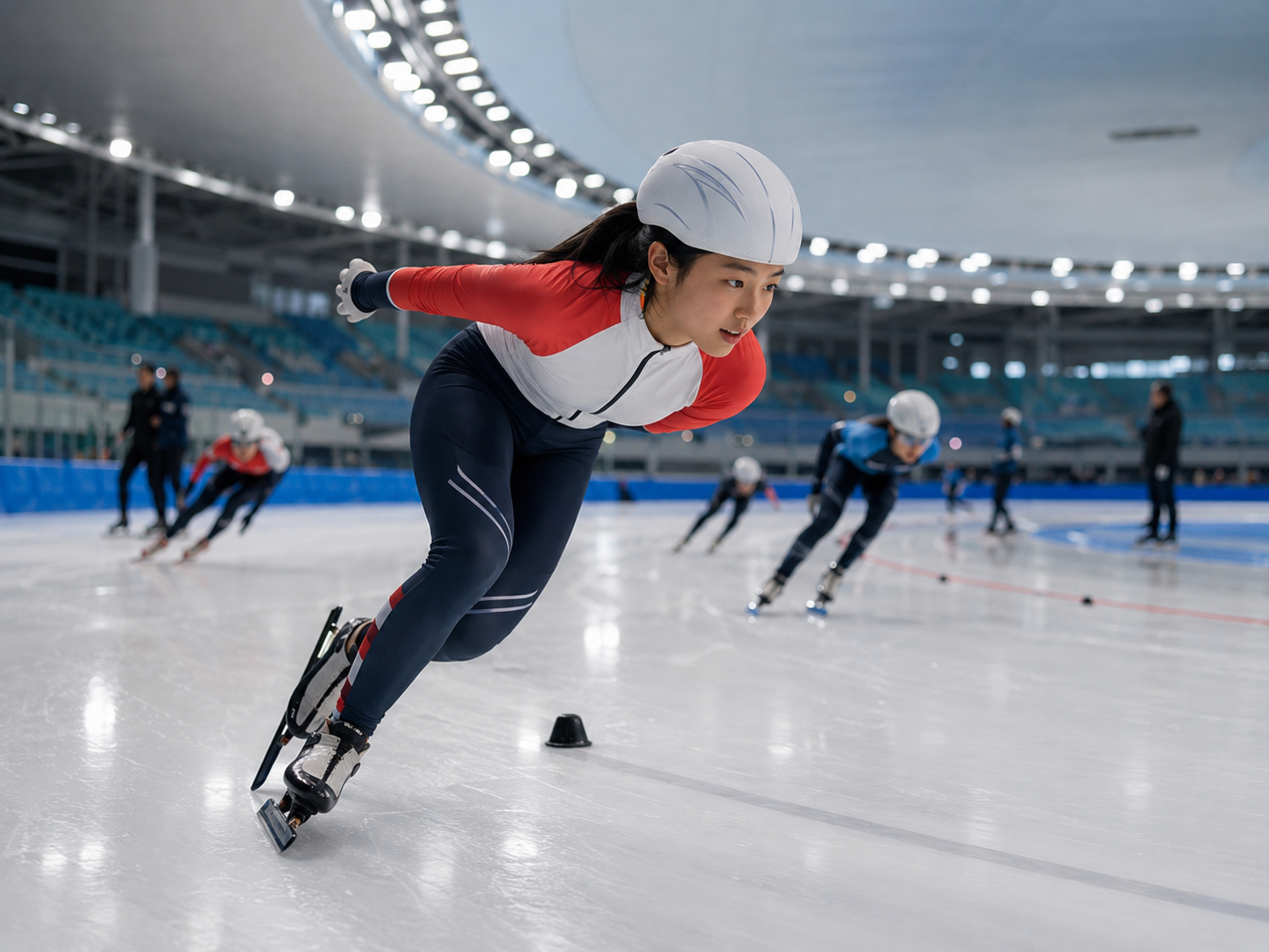 A young speed skater training with a competitive group on an indoor ice track.